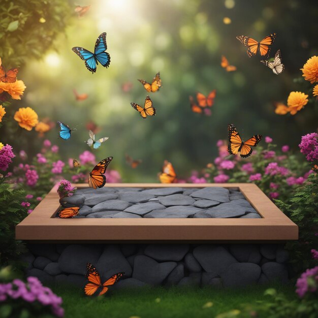 Dark stone podium for product display in garden with colorful butterflies