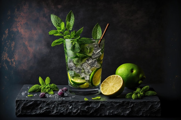 On a dark stone table is a mojito cocktail containing room for your text