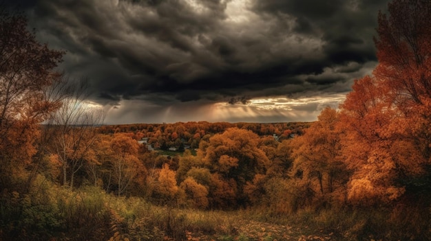 A dark storm clouds over a forest with a cloudy sky above