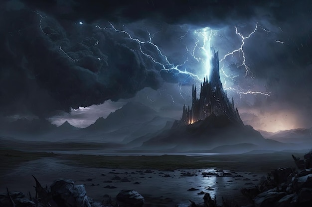 Dark and stormy night in mordor with lightning illuminating the sky