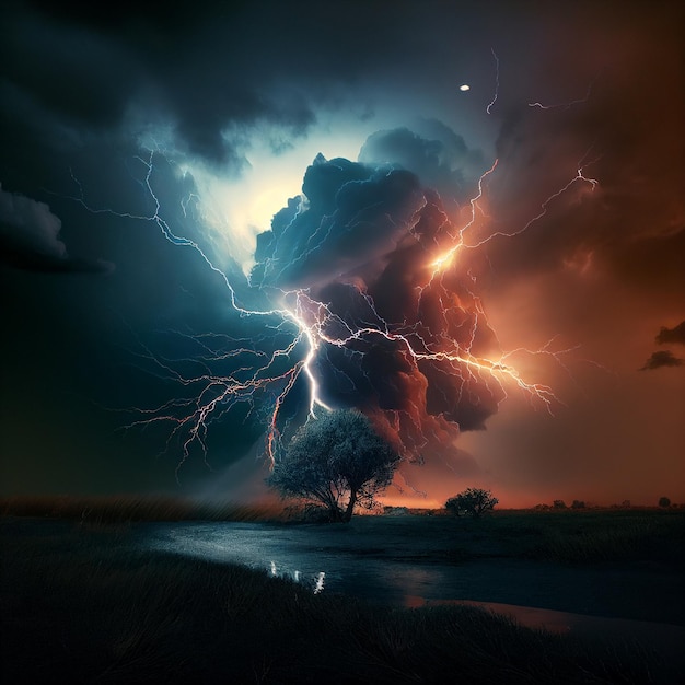 Dark stormy sky, clouds, lightning flash, beautiful unusual scary natural landscape