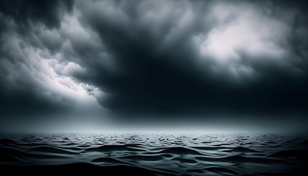 A dark stormy sky over the ocean with a dark cloud above it.