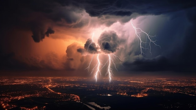 Dark of stormy sky with multiple cloud to ground lightning strikes