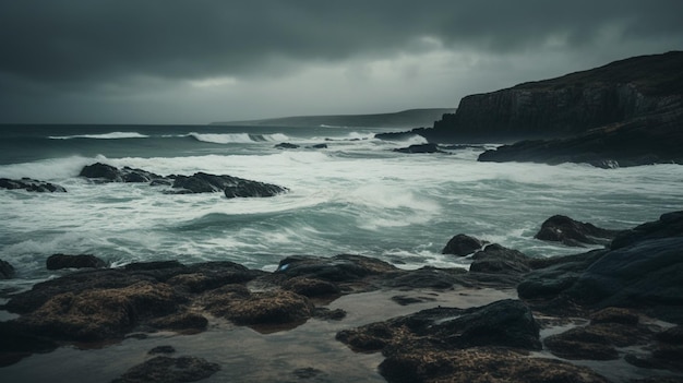 A dark stormy sky with waves crashing on the rocks and rocks in the foreground.