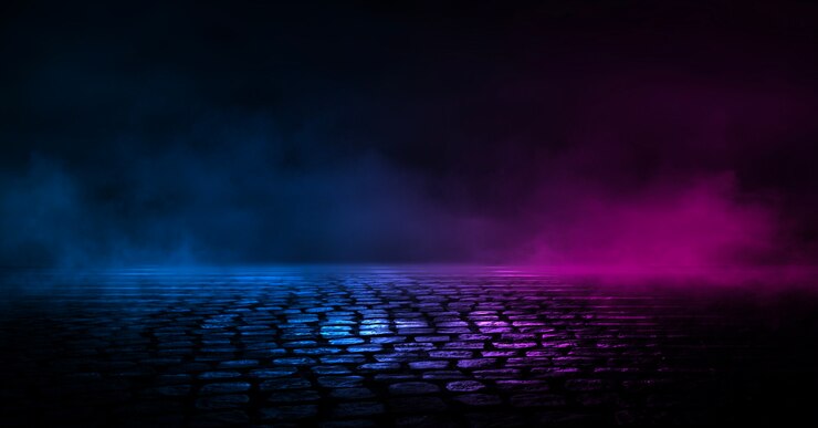 Photo dark street background, reflection of blue and red neon on the asphalt.