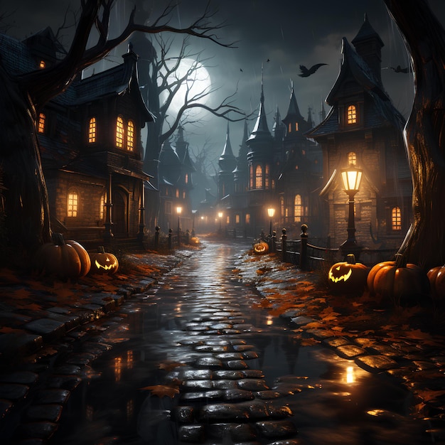 a dark street on a halloween night