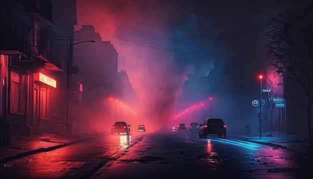 Dark street night smog and smoke neon light Dark background of the night city Generative ai