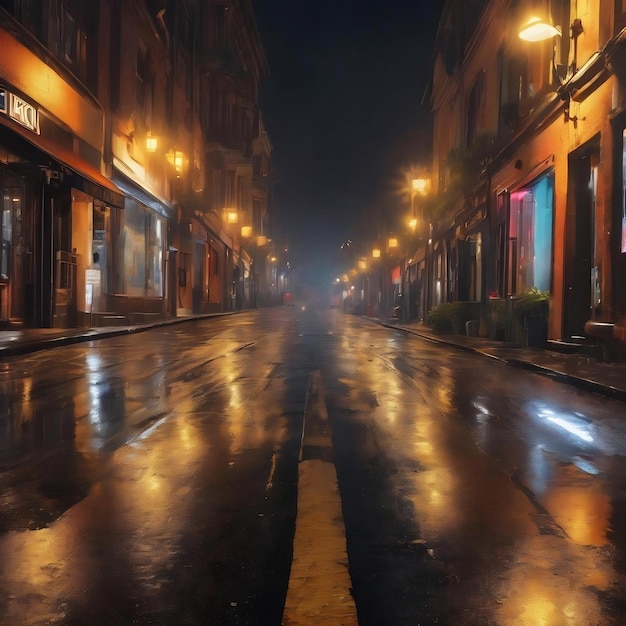 Dark street wet asphalt reflections of rays