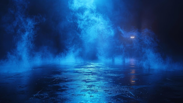 Dark street wet asphalt reflections in the water Abstract dark blue background smoke smog Dark scene with neon lights spotlights Concrete flooring