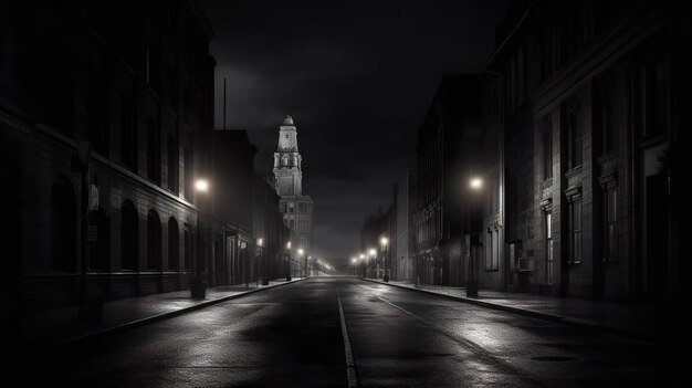 A dark street with a clock tower in the distance.