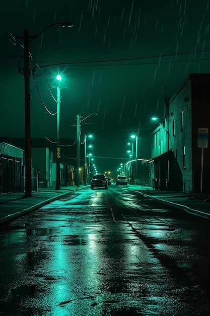 A dark street with a green light on the right side.