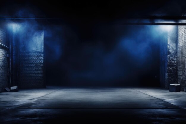 Dark street with neon lights and studio room interior texture