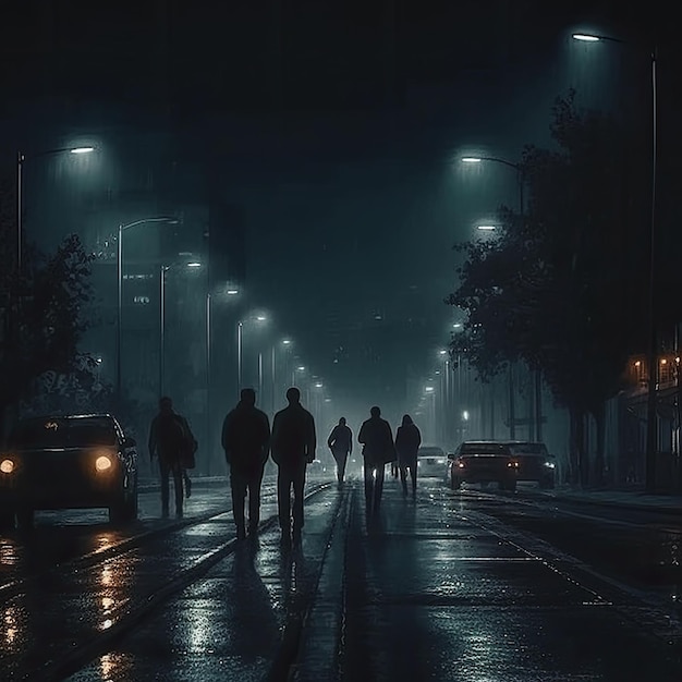 A dark street with people walking on it