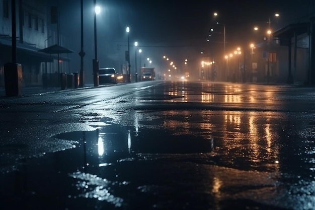 A dark street with a puddle and lights on it