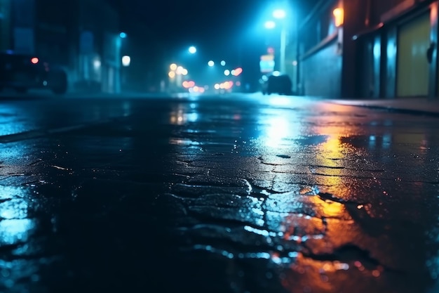 A dark street with a puddle and the words rain on it