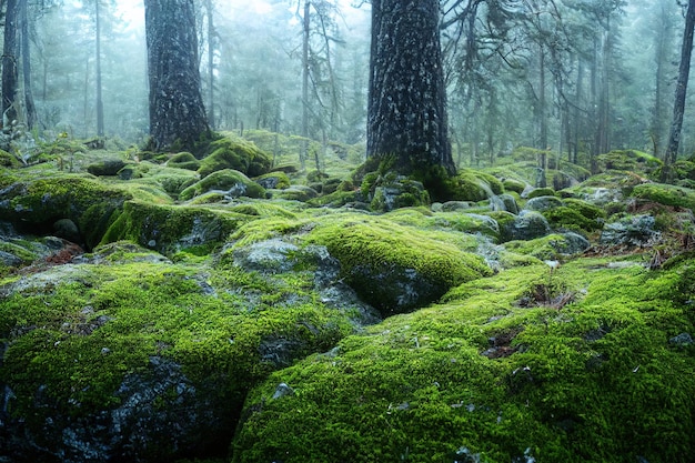 Dark summer forest with mossy rocky ground