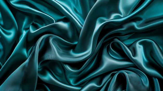 Dark teal green silk satin Shiny smooth fabric Soft folds Luxury background with spa Generative AI