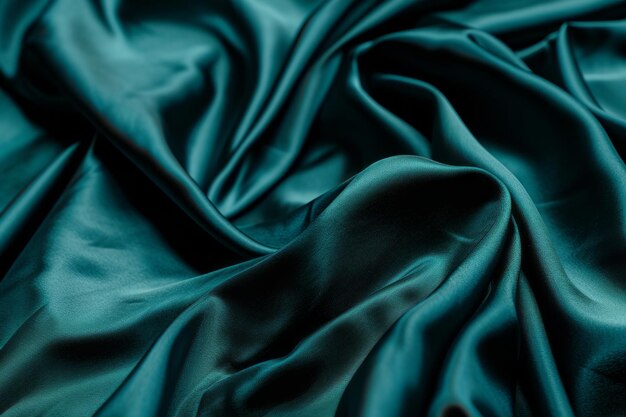 Dark teal green silk satin Shiny smooth fabric Soft folds Luxury background with space for design