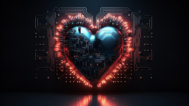 Foto un cuore tecnologico oscuro in uno sfondo oscuro ia generativa