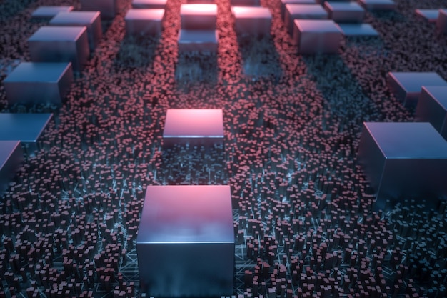 dark technological lines background with cubes and lines 3d rendering