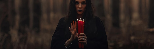 Dark terrible witch with candles in her hands performs an occult mystical ritual