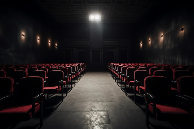 A dark theater with rows of red seats and a light on the wall