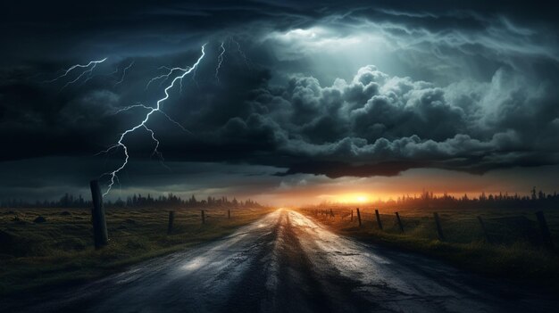 Foto pericolo di temporale oscuro di elettricità e paesaggio spettrale