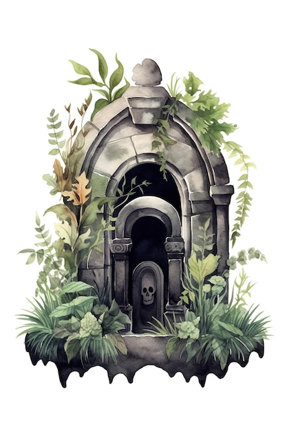 Dark tomb watercolor clipart cute isolated on white background with Generative AI