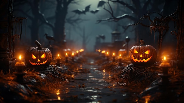 Dark tones Halloween composition in sinister cemetery alley under moonlight Spooky pumpkin jackolanterns burning candles gnarled bare trees bats in night fog Halloween celebration concept