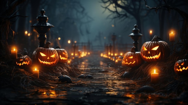 Dark tones Halloween composition in sinister cemetery alley under moonlight Spooky pumpkin jackolanterns burning candles gnarled bare trees night fog Halloween celebration concept