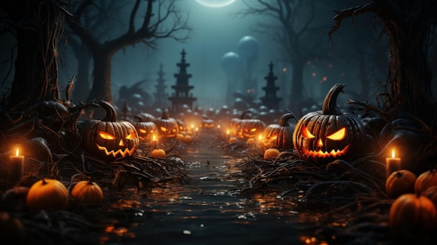 Dark tones Halloween composition in sinister cemetery alley under moonlight Spooky pumpkin jackolanterns burning candles gnarled bare trees night fog Halloween celebration concept