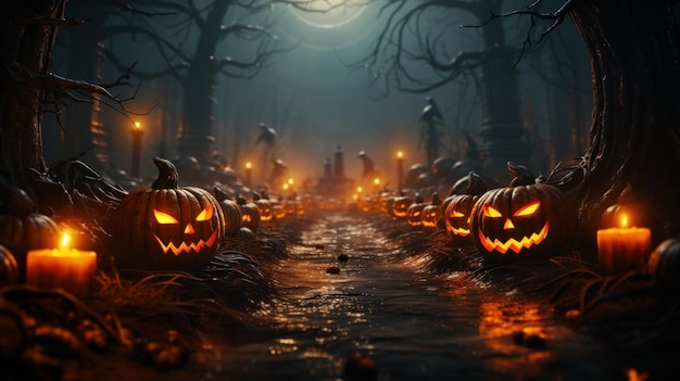 Dark tones Halloween composition in sinister cemetery alley under moonlight Spooky pumpkin jackolanterns burning candles gnarled bare trees night fog Halloween celebration concept