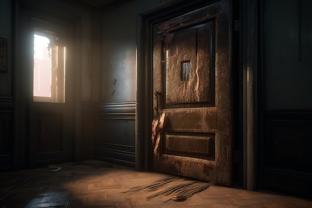 The dark tower room with a large door in the center