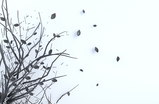 Photo dark tree branch and blow leaves on white cement wall. background 3d render.