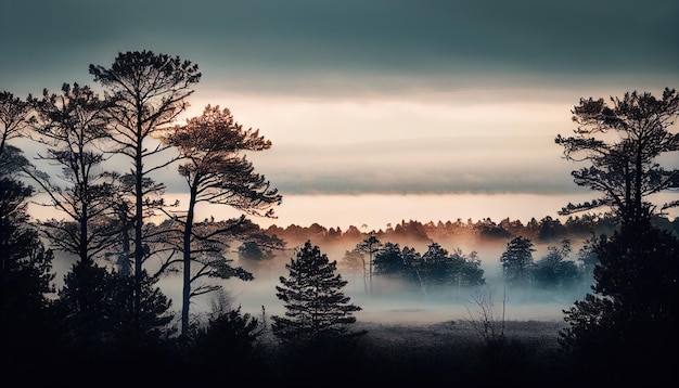 dark tree tops in heavy morning fog landscape forest background wallpaper generative AI