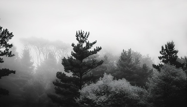 dark tree tops in heavy morning fog landscape forest background wallpaper generative AI