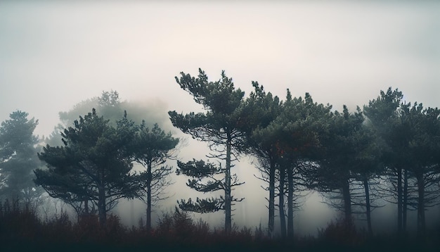 濃い朝の霧の中で暗い木のてっぺん風景森の背景の壁紙ジェネレーティブ AI