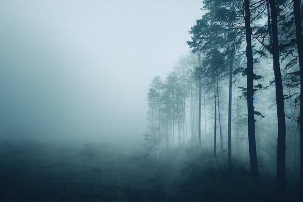 Dark trees silhouettes in mysterious foggy forest background digital illustration