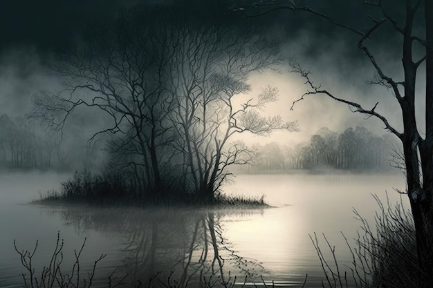 Dark trees on water's edge and haze over river