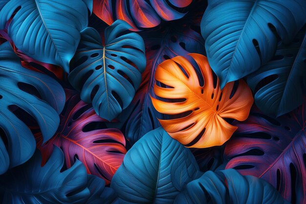 Dark tropical leaves luminous colorful colors