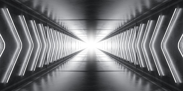 Темный туннель со светящимися неоновыми указателями стрелок на стенах. 3D иллюстрации.