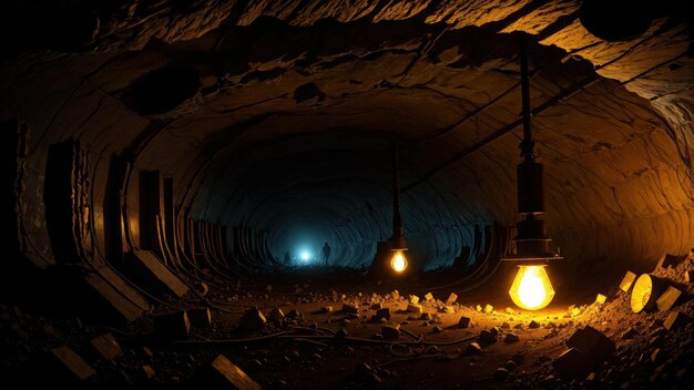 Photo a dark tunnel with a light on it and a lamp that says'the dark tunnel '