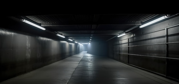 A dark tunnel with lights on the ceiling and a sign that says'the light is on. '