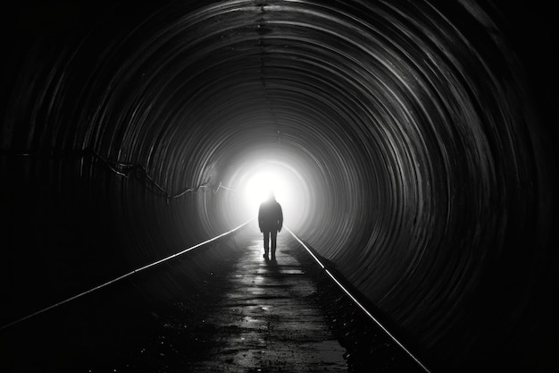 Dark tunnel with man in light Generate Ai