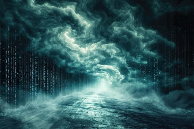 a dark tunnel with a massive amount of data streaming out creating a dynamic visual representation of information flow digital storm made from binary code ai generated