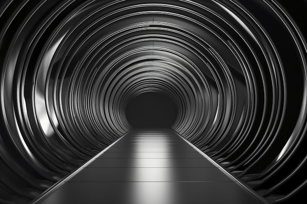 A dark tunnel with a metal tunnel that has a light on it.