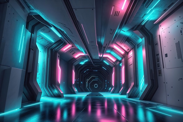 A dark tunnel with neon lights and a blue and pink light.