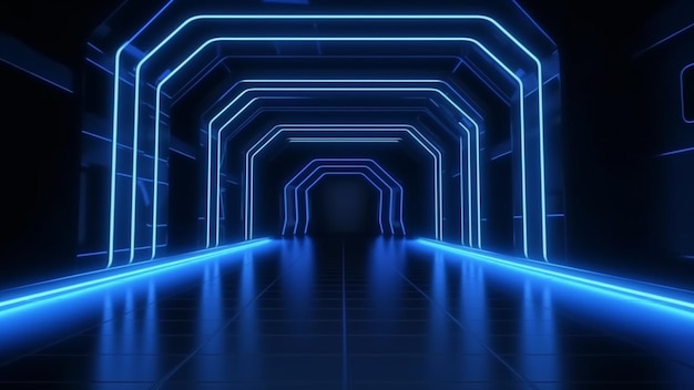 A dark tunnel with neon lights and a blue tunnel.