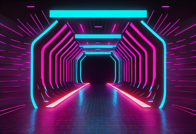 A dark tunnel with neon lights on the ceiling