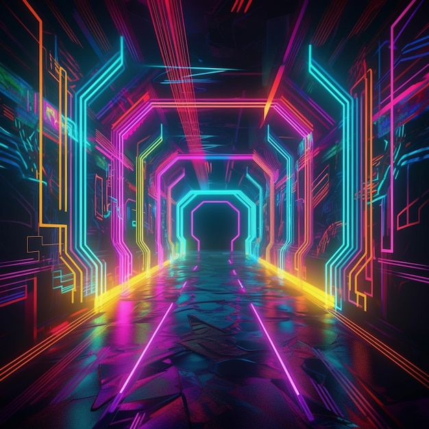 a dark tunnel with neon lights and a dark floor generative ai